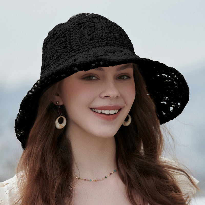 Straw Bucket Hat with Colorful Patterns