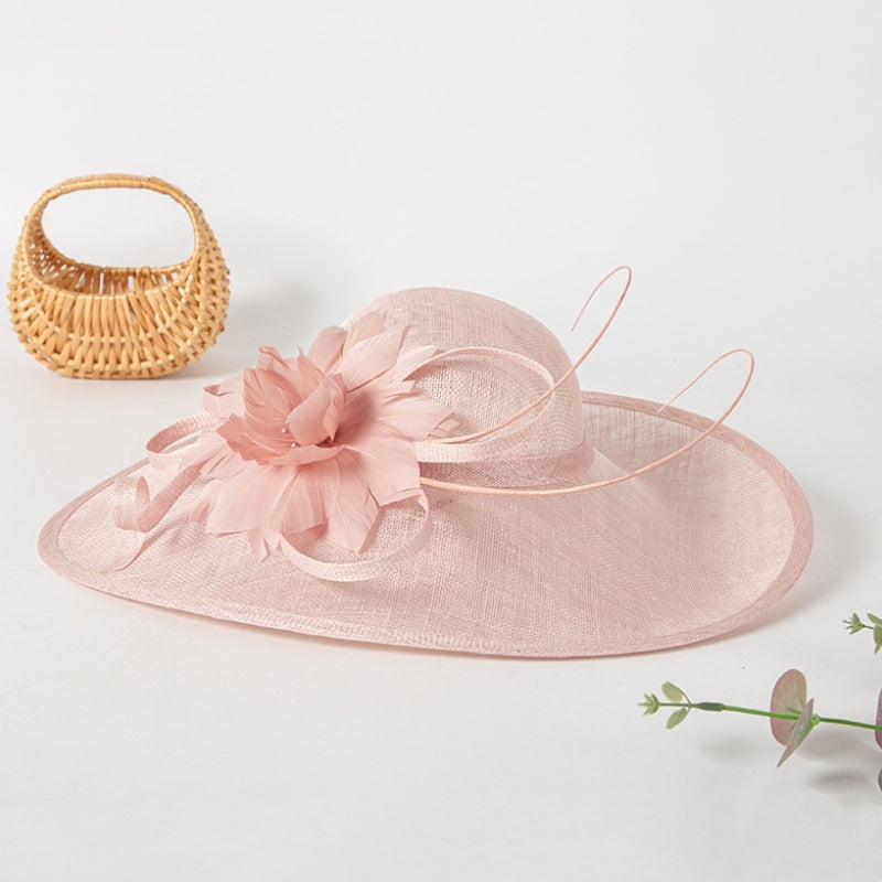 Wide Brim Top Hat with Feather Flower Decoration