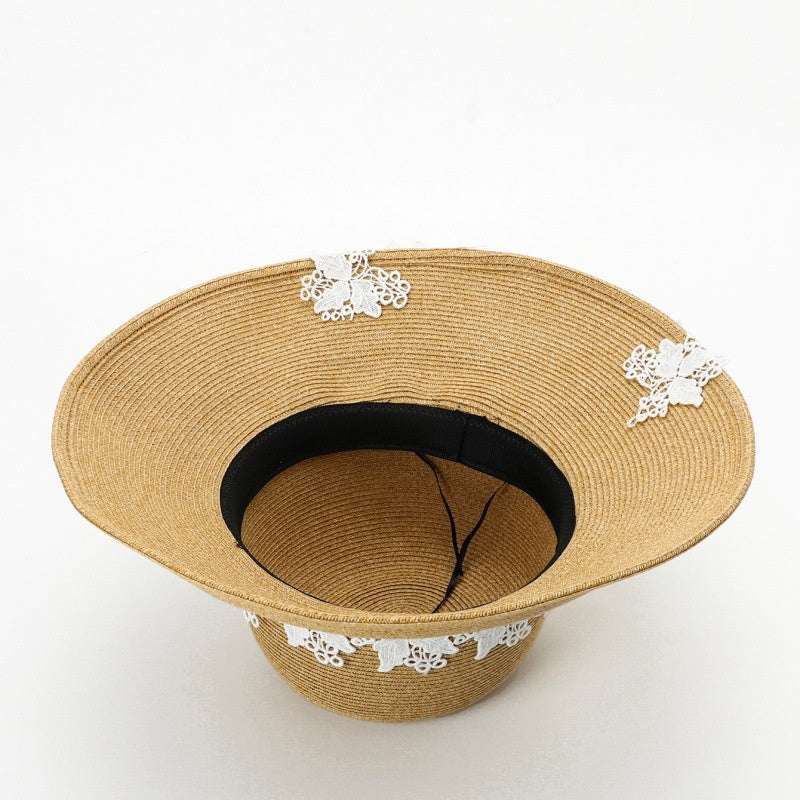 Straw Hat with Floral Lace Embroidery