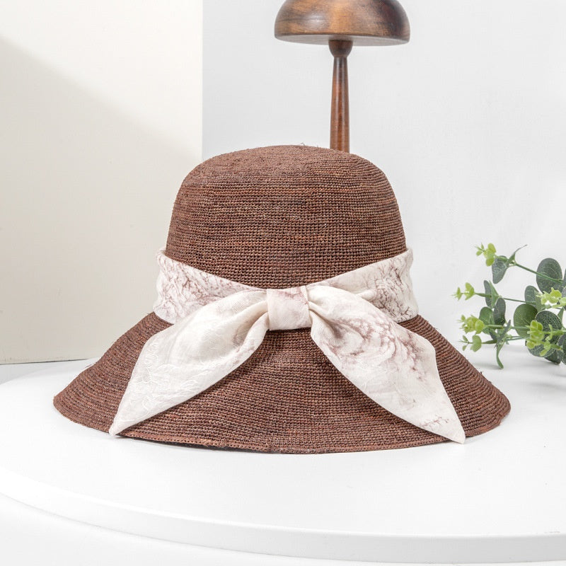 Straw Hat Sun Hat with Printed Bow