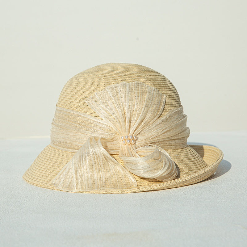 Sun Hat Rolled Edge with Pearls and Ribbons