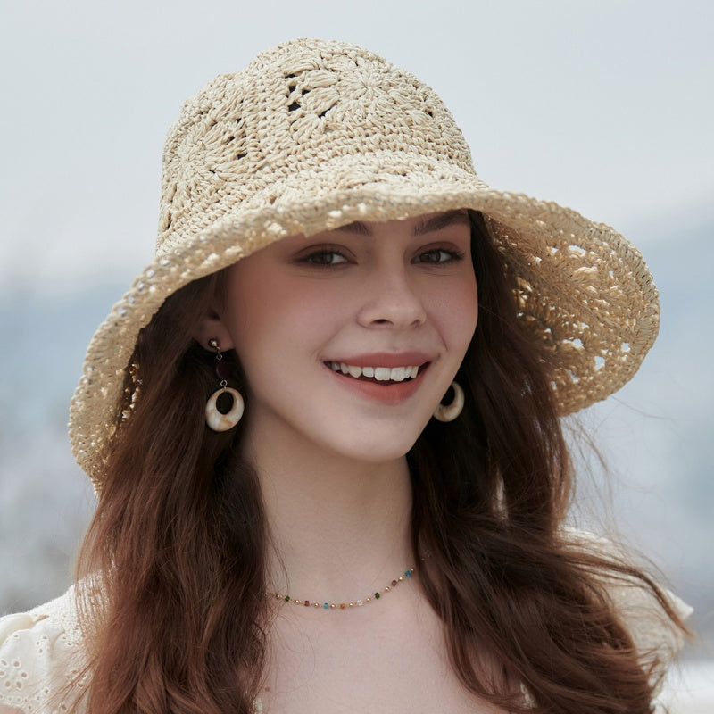 Straw Bucket Hat with Colorful Patterns