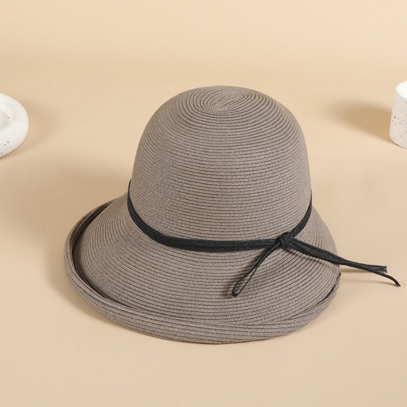 Rolled-up Straw Hat with Bow Decoration