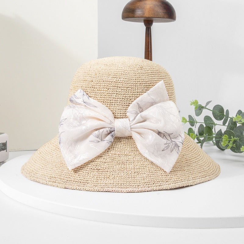 Sun Hat Straw Hat with Printed Bow