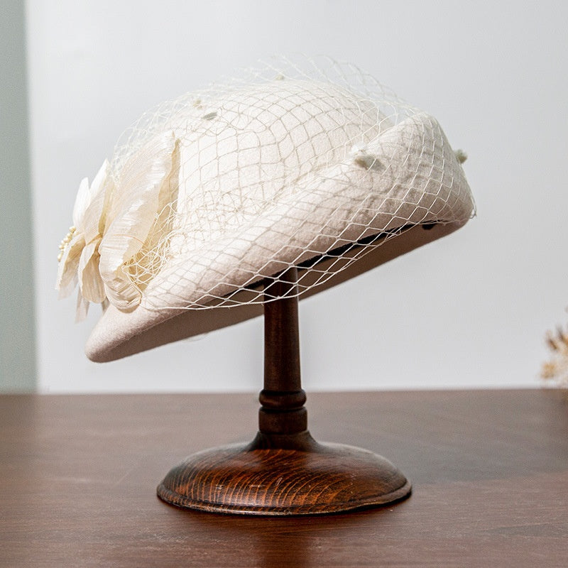 Felt Beret with Pearl Flower and Lace