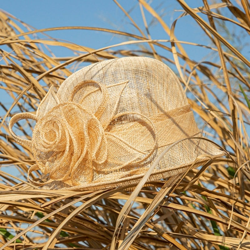 Top Hat Rolled Edge with Handmade Linen Yarn Flowers