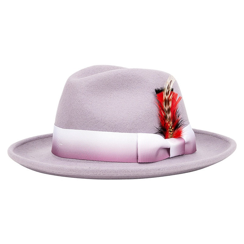 Rolled Edge Felt Top Hat with Feathers and Bow Webbing