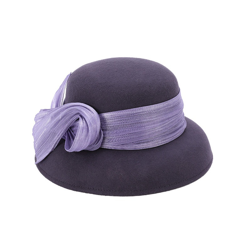 Felt Top Hat Rolled Edge with Flax Ribbon Decoration