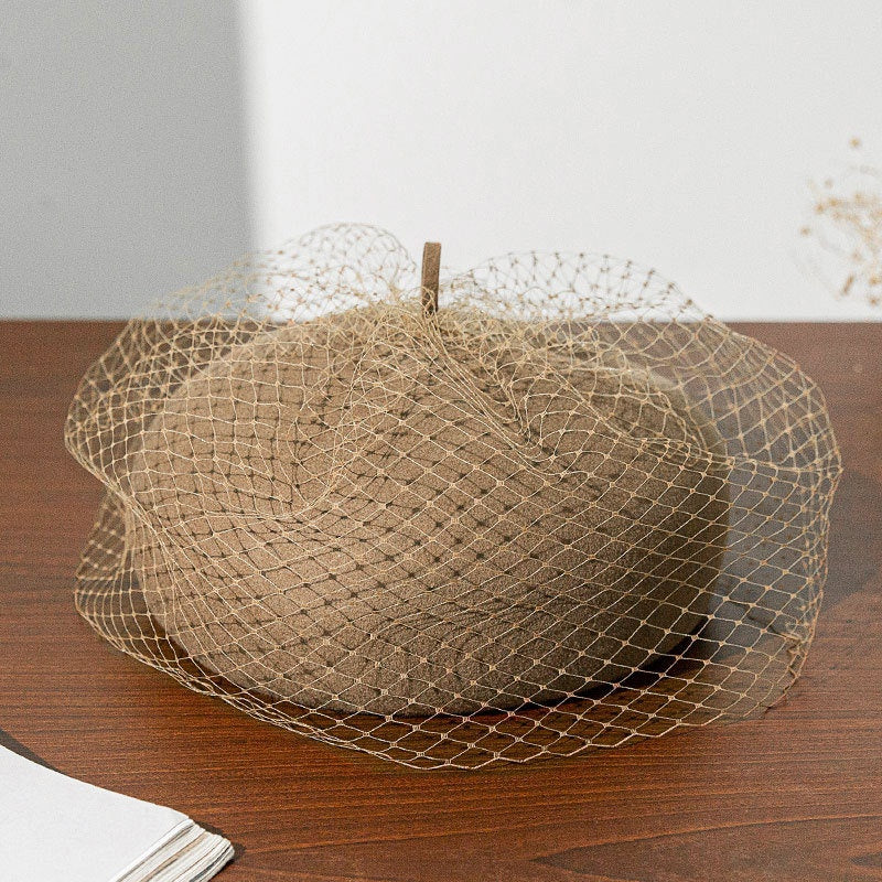 Felt Beret with Grid Veil