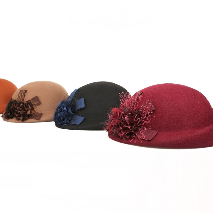 Felt Rolled Edge Beret with Flower Decoration