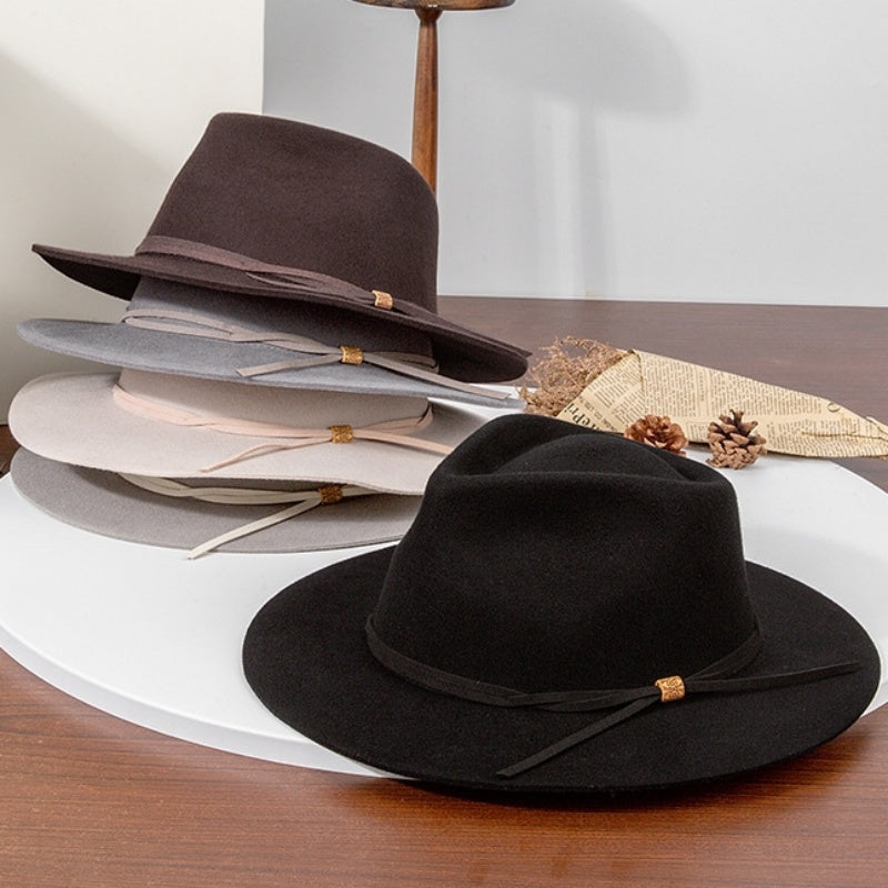 Felt Top Hat with Wooden Beads Bow Webbing