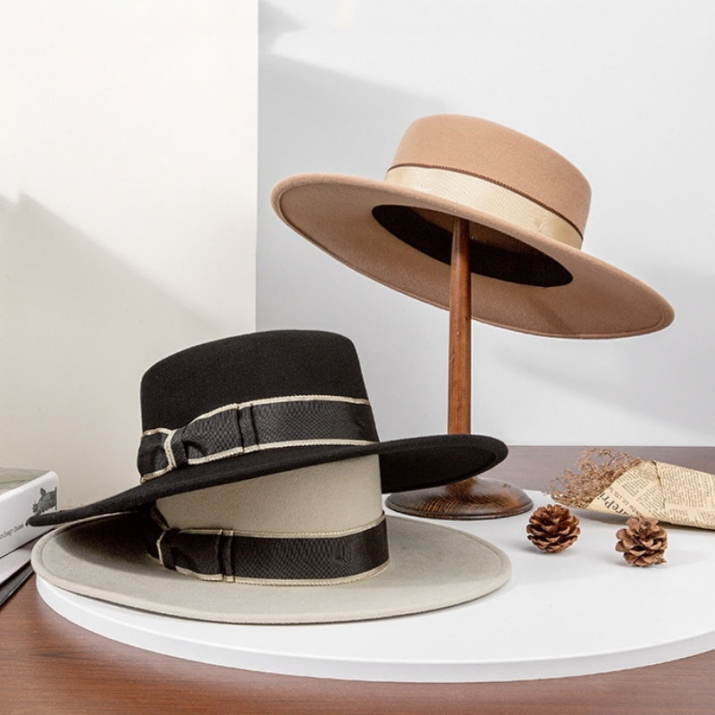 French Style Felt Wide Brim Top Hat With Bow Webbing