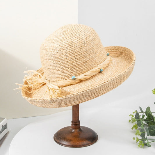 Rolled Edge Sun Hat Straw Hat with String Beads and Bow