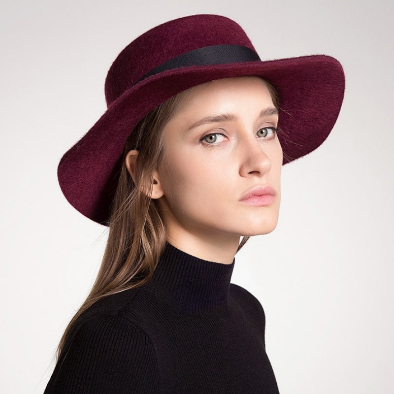 Felt Flat Roof Wide Brim Top Hat with Bow Webbing and Feather