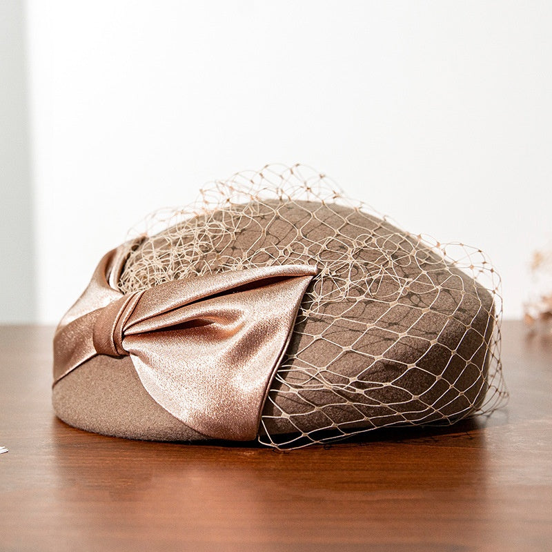 Felt Beret Pillbox Hat with Bow and Lace
