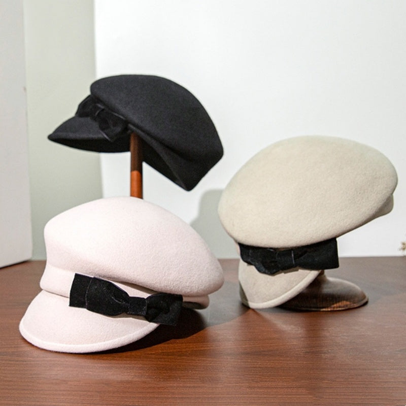Felt Equestrian Newsboy Hat with Velvet Bow Decoration