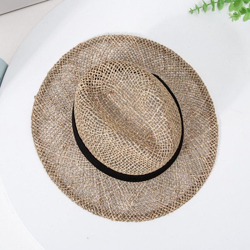 Straw Hollowed-out Hat Sun Hat with Black Decorative Band