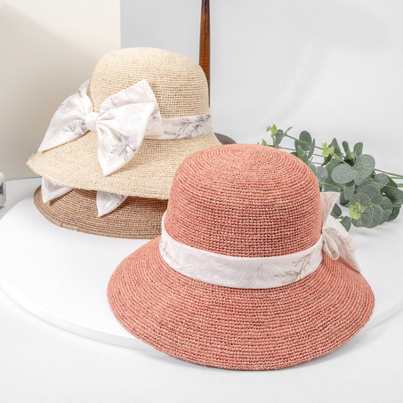 Sun Hat Straw Hat with Printed Bow