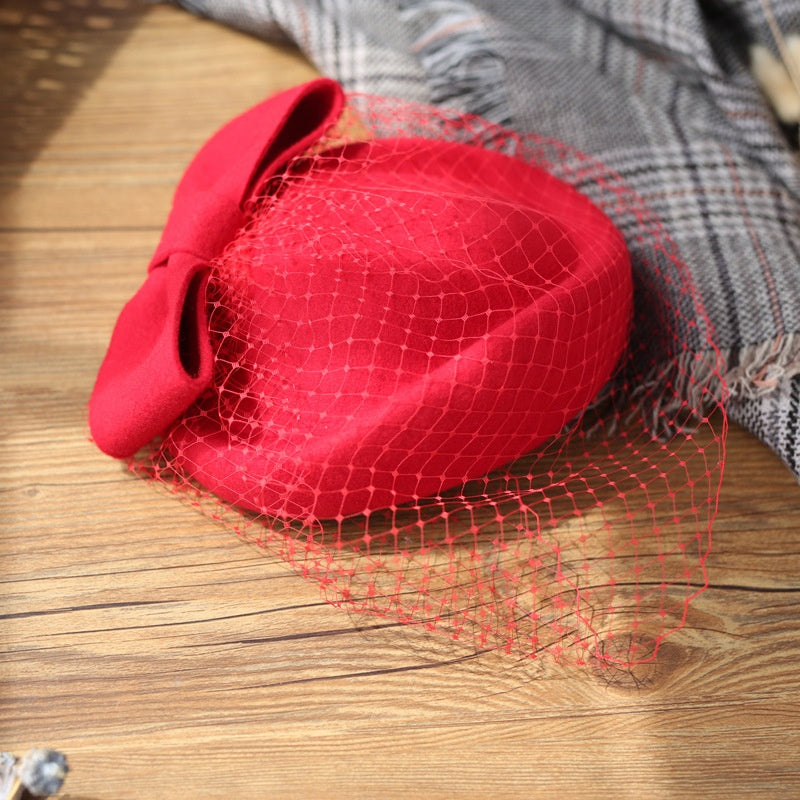 Felt Pillbox Hat with Bow and Veil