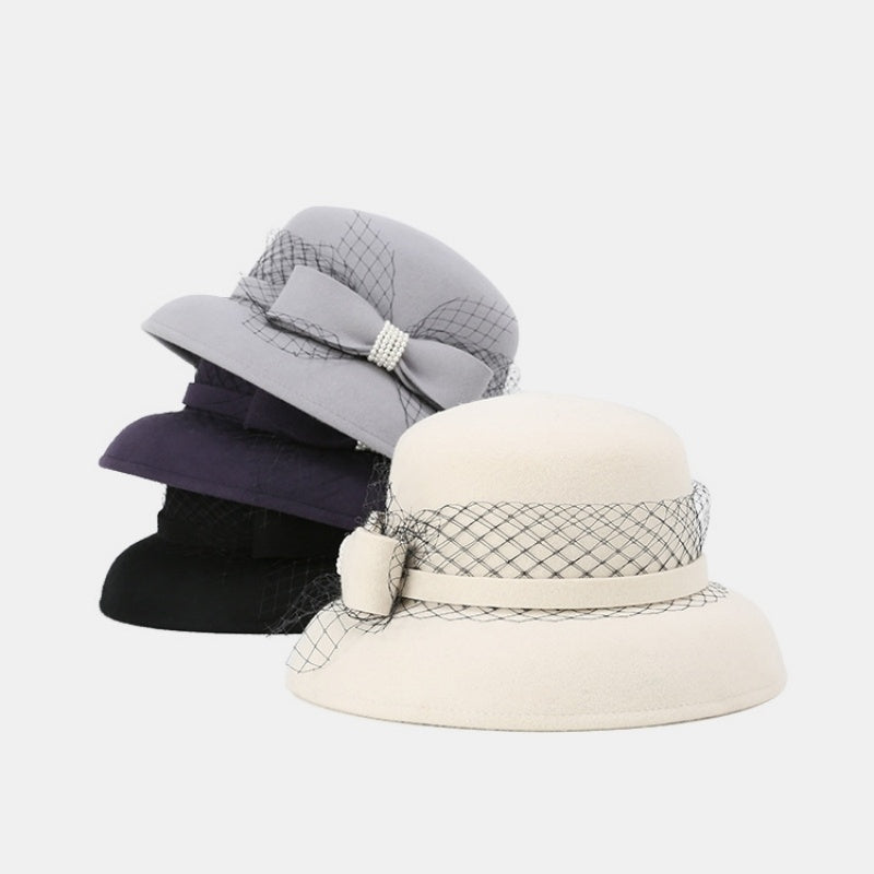 Felt Top Hat Rolled Edge with Net Gauze Pearl Bow