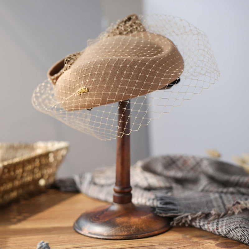 Felt Pillbox Hat with Bow and Veil