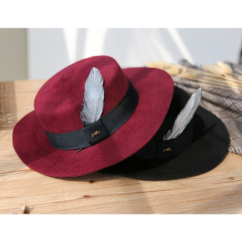 Felt Flat Roof Wide Brim Top Hat with Bow Webbing and Feather
