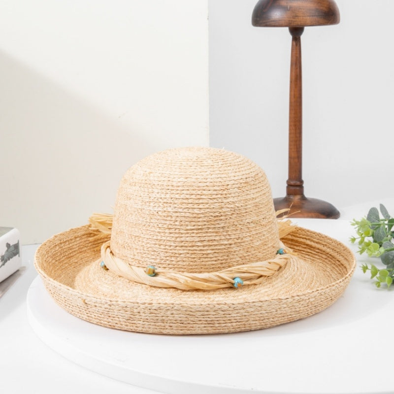 Rolled Edge Sun Hat Straw Hat with String Beads and Bow