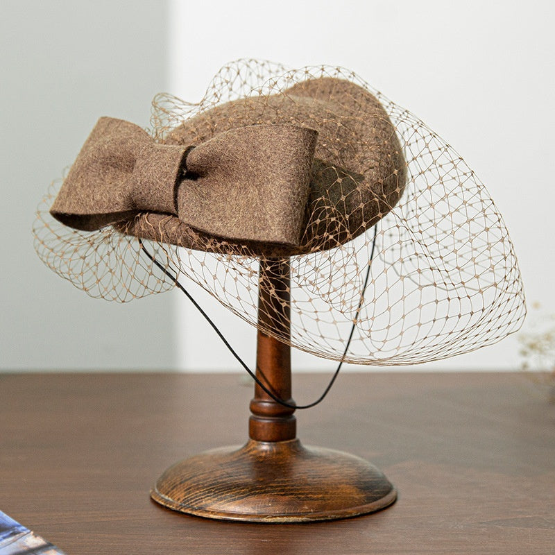 Felt Pillbox Hat with Bow and Veil