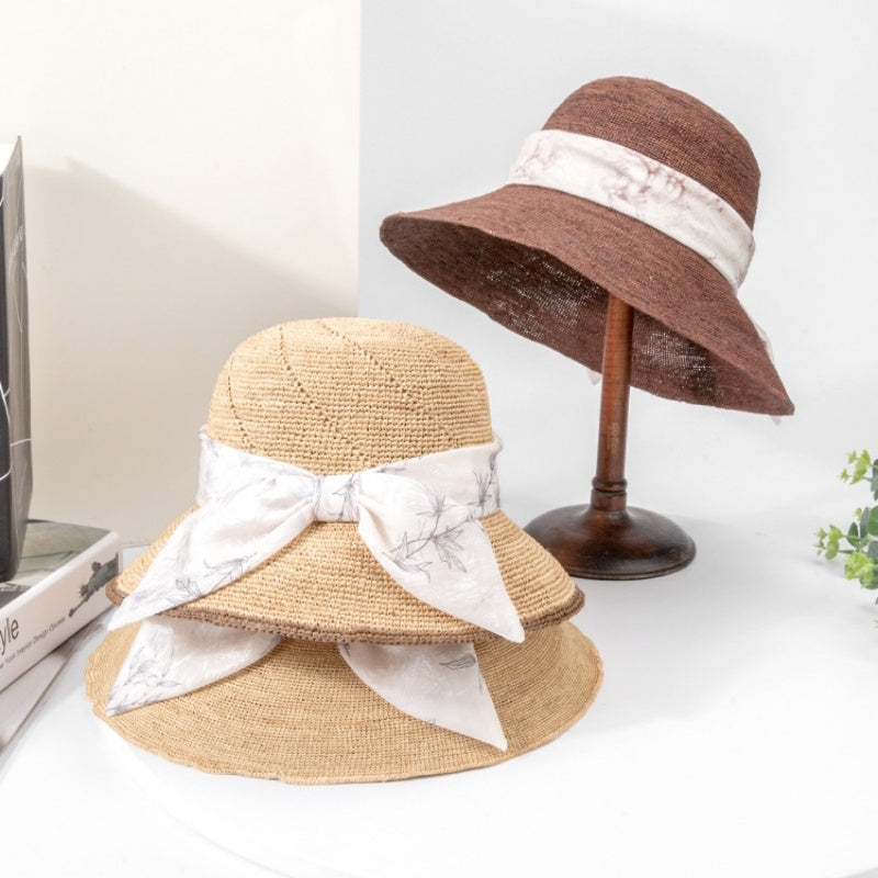 Straw Hat Sun Hat with Printed Bow