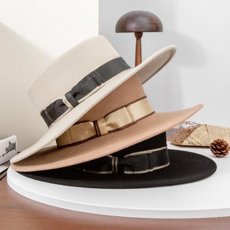 French Style Felt Wide Brim Top Hat With Bow Webbing