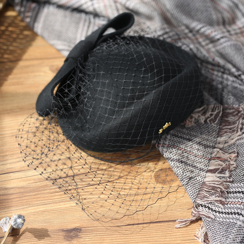 Felt Pillbox Hat with Bow and Veil