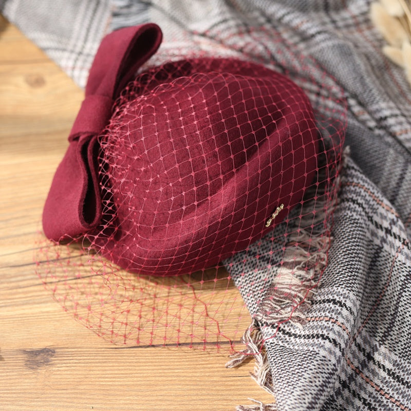 Felt Pillbox Hat with Bow and Veil