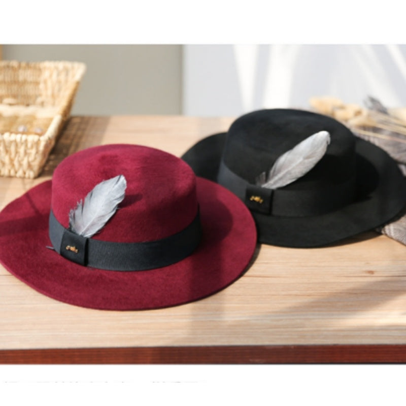 Felt Flat Roof Wide Brim Top Hat with Bow Webbing and Feather