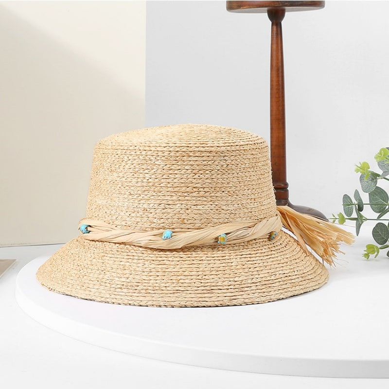 Sun Hat Straw Hat with String Beads and Bow