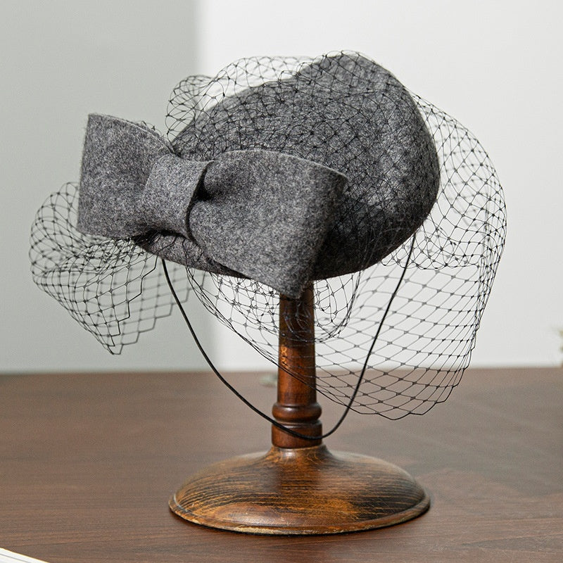 Felt Pillbox Hat with Bow and Veil