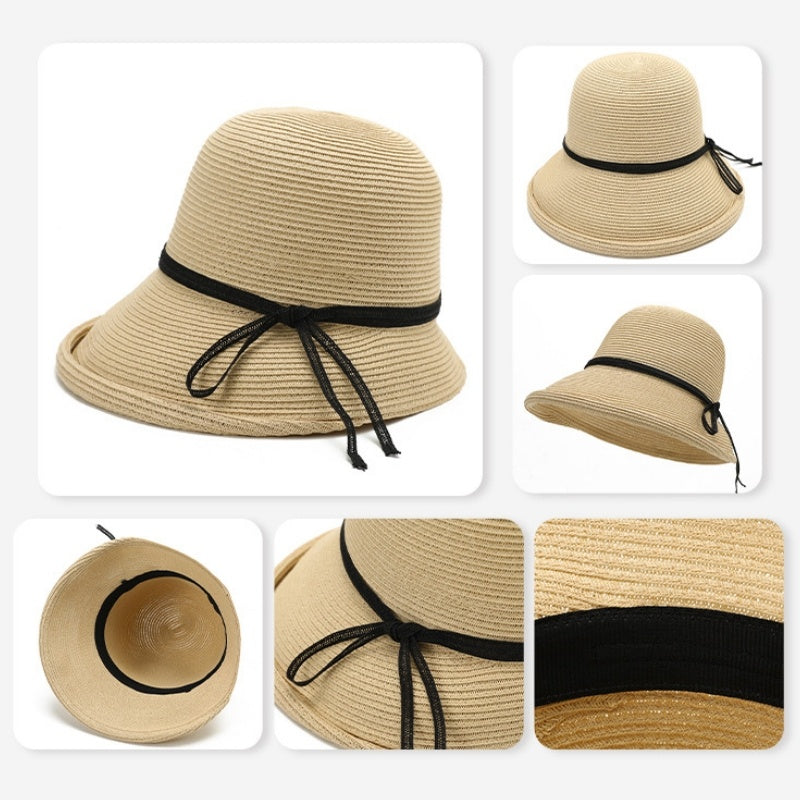 Rolled-up Straw Hat with Bow Decoration