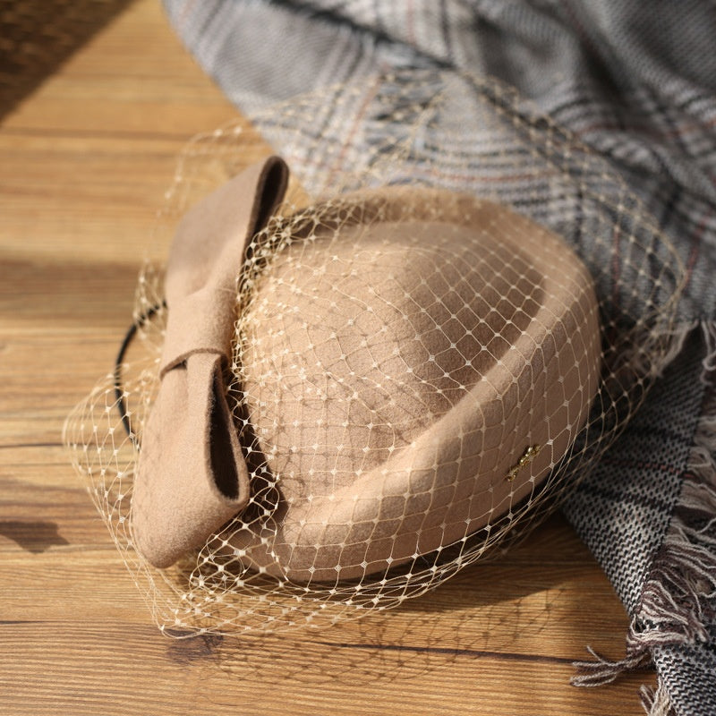Felt Pillbox Hat with Bow and Veil