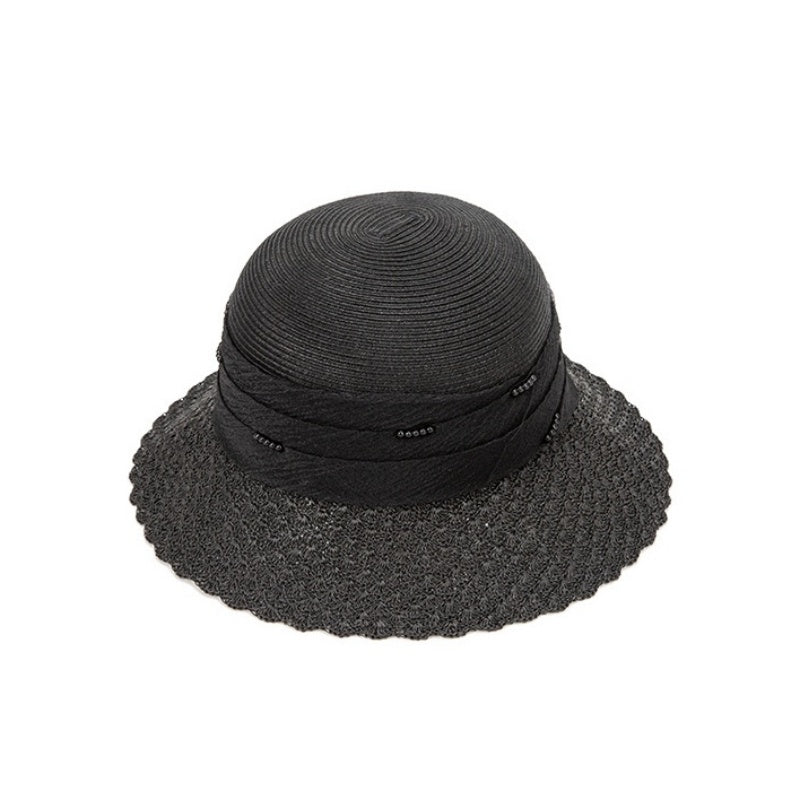 Black Sun Hat Straw Hat with Beads