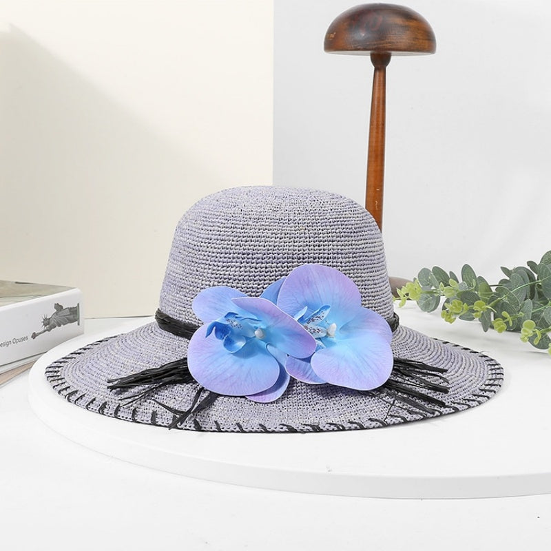 Sun Straw Hat with Phalaenopsis Decoration