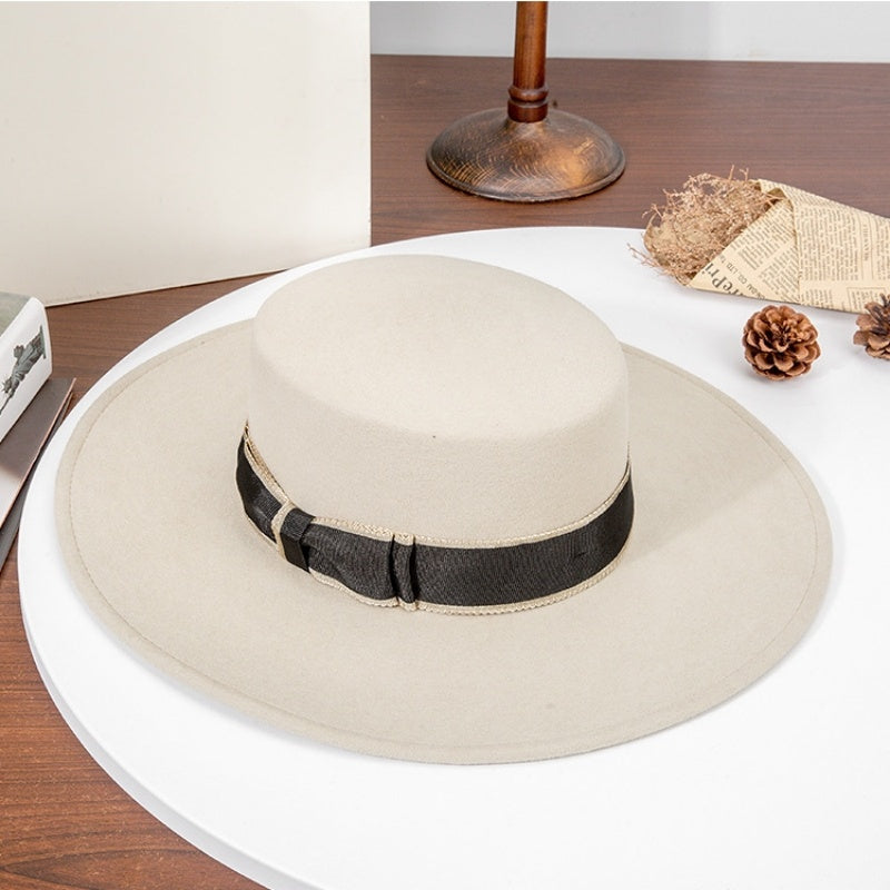French Style Felt Wide Brim Top Hat With Bow Webbing