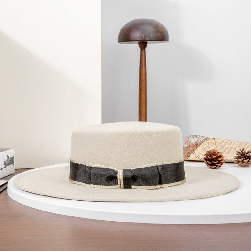 French Style Felt Wide Brim Top Hat With Bow Webbing