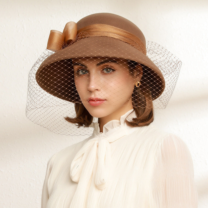 Felt Wide Brim Top Hat with Bow and Veil