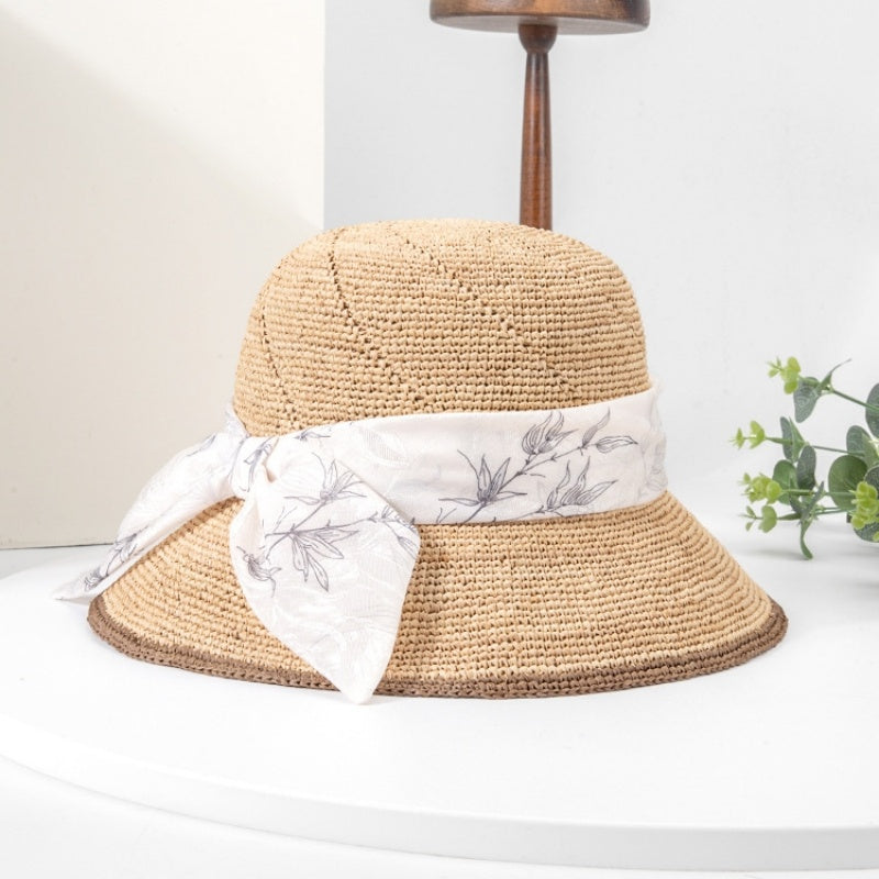 Straw Hat Sun Hat with Printed Bow