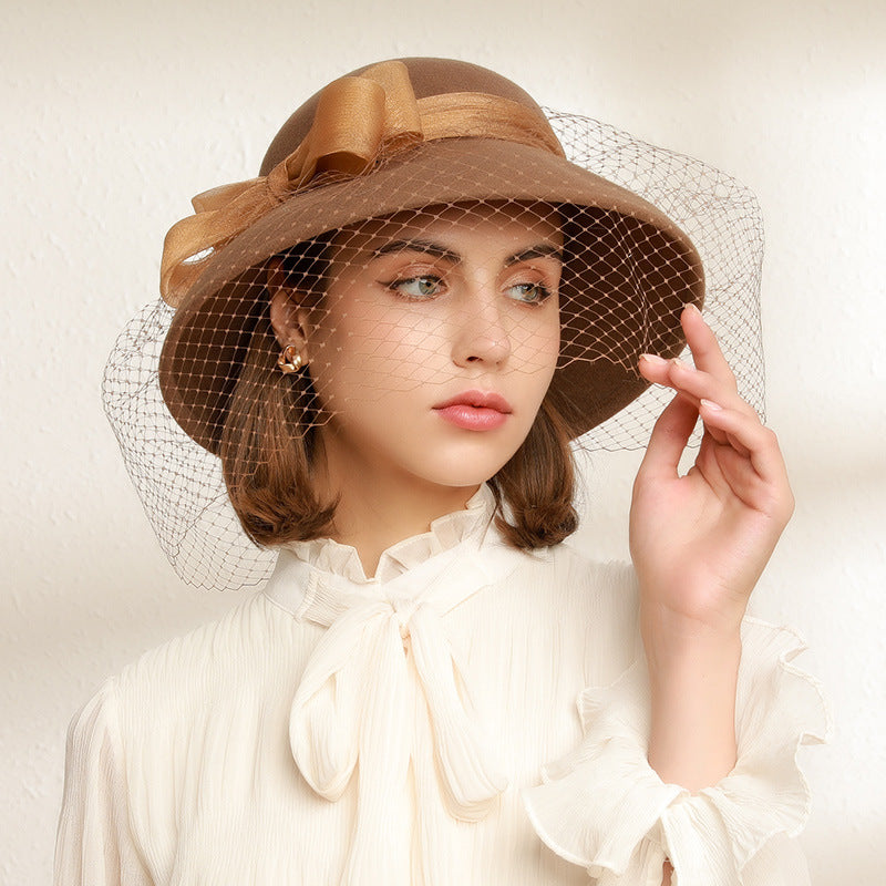 Felt Wide Brim Top Hat with Bow and Veil