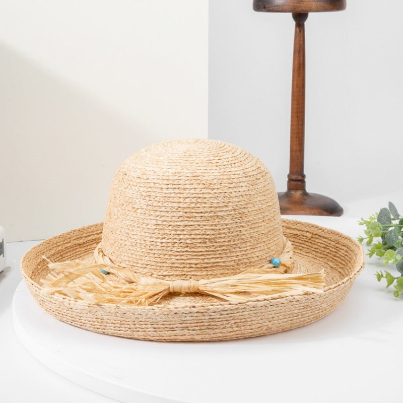 Rolled Edge Sun Hat Straw Hat with String Beads and Bow