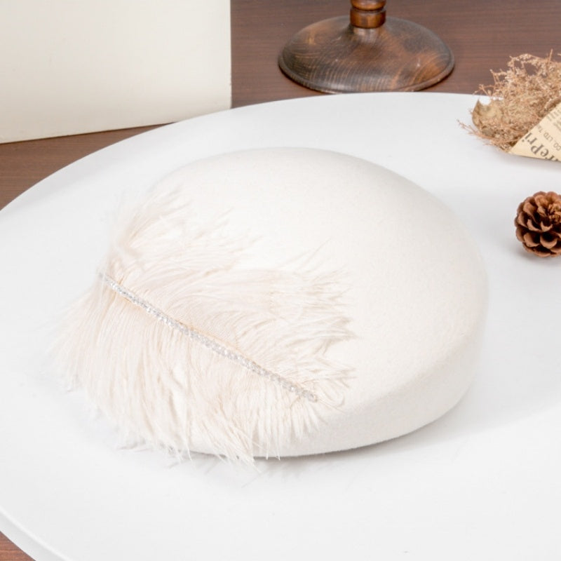 Felt Pillbox Hat with Crystal and Feather Decorations
