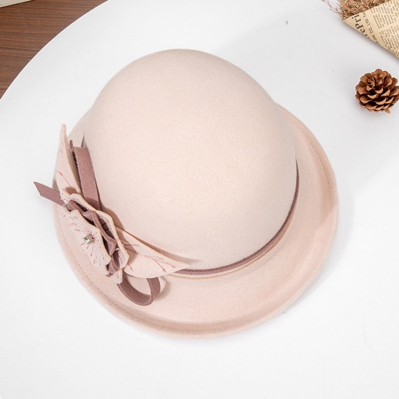 Felt Top Hat with Flower and Zircon Decoration