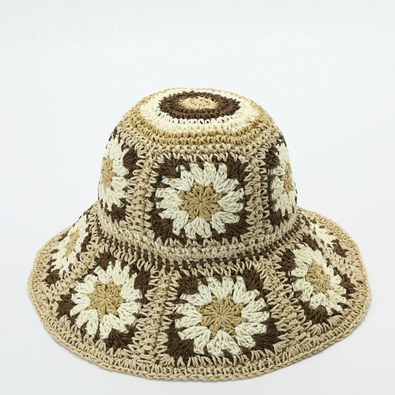 Straw Bucket Hat with Colorful Patterns
