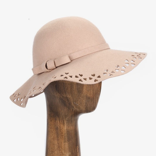 Felt Wide Brim Top Hat with Hollowed-out and Bow Webbing