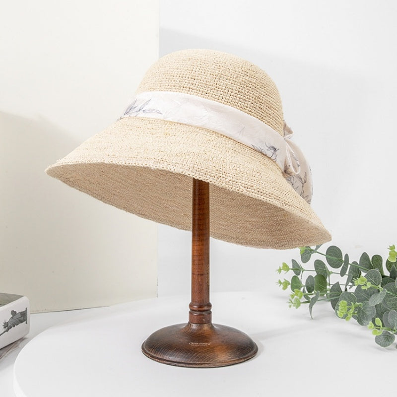 Sun Hat Straw Hat with Printed Bow